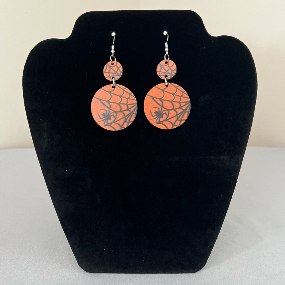 NEW Orange Spiderweb Wood Circle Earrings